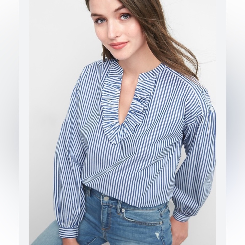 GAP Ruffle Blue and White Striped Women's Blouse